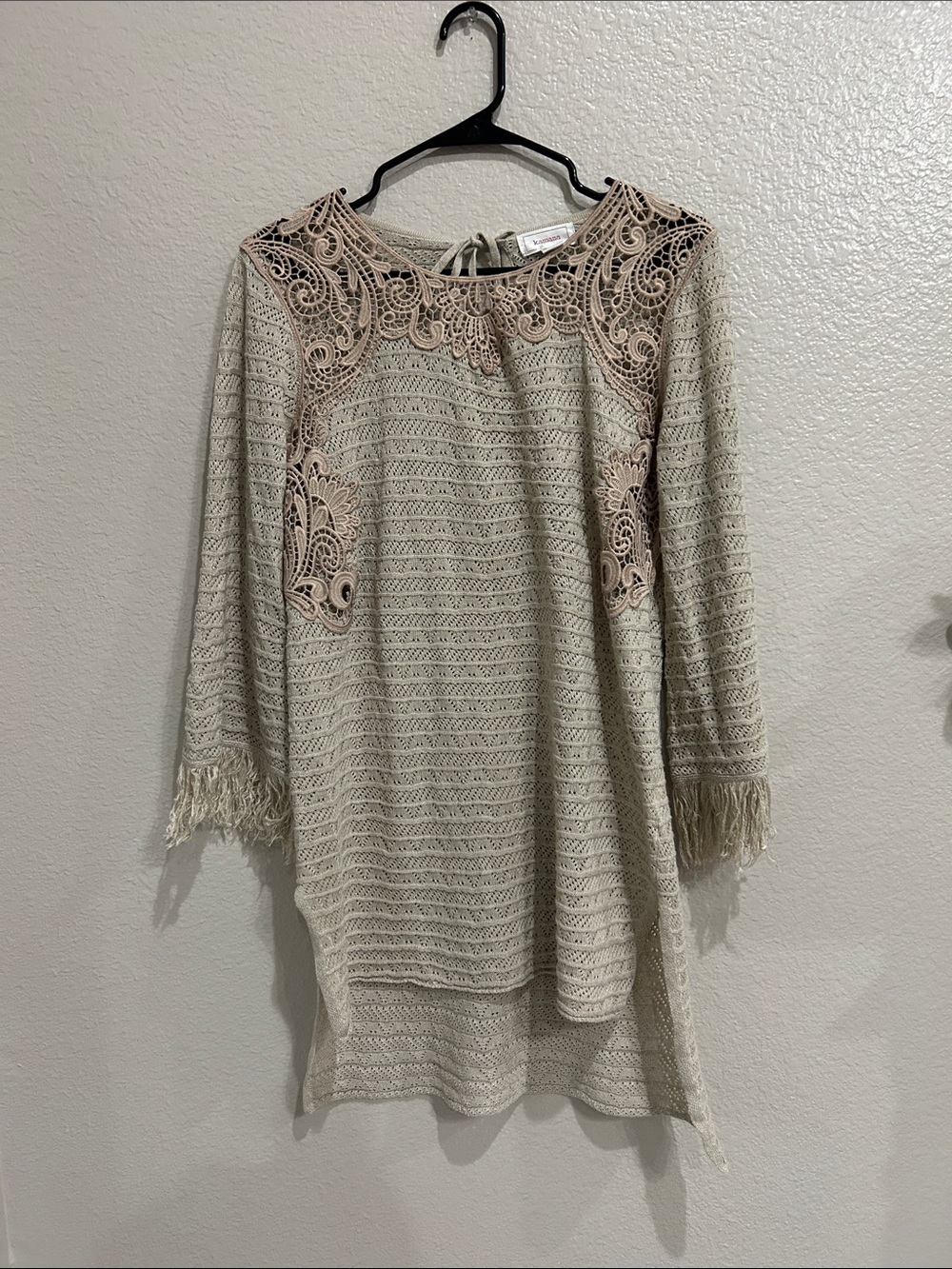 Kamana Crochet Lace Yoke Knit Tunic Beige Blush Summer Bohemian Sz M TC0104